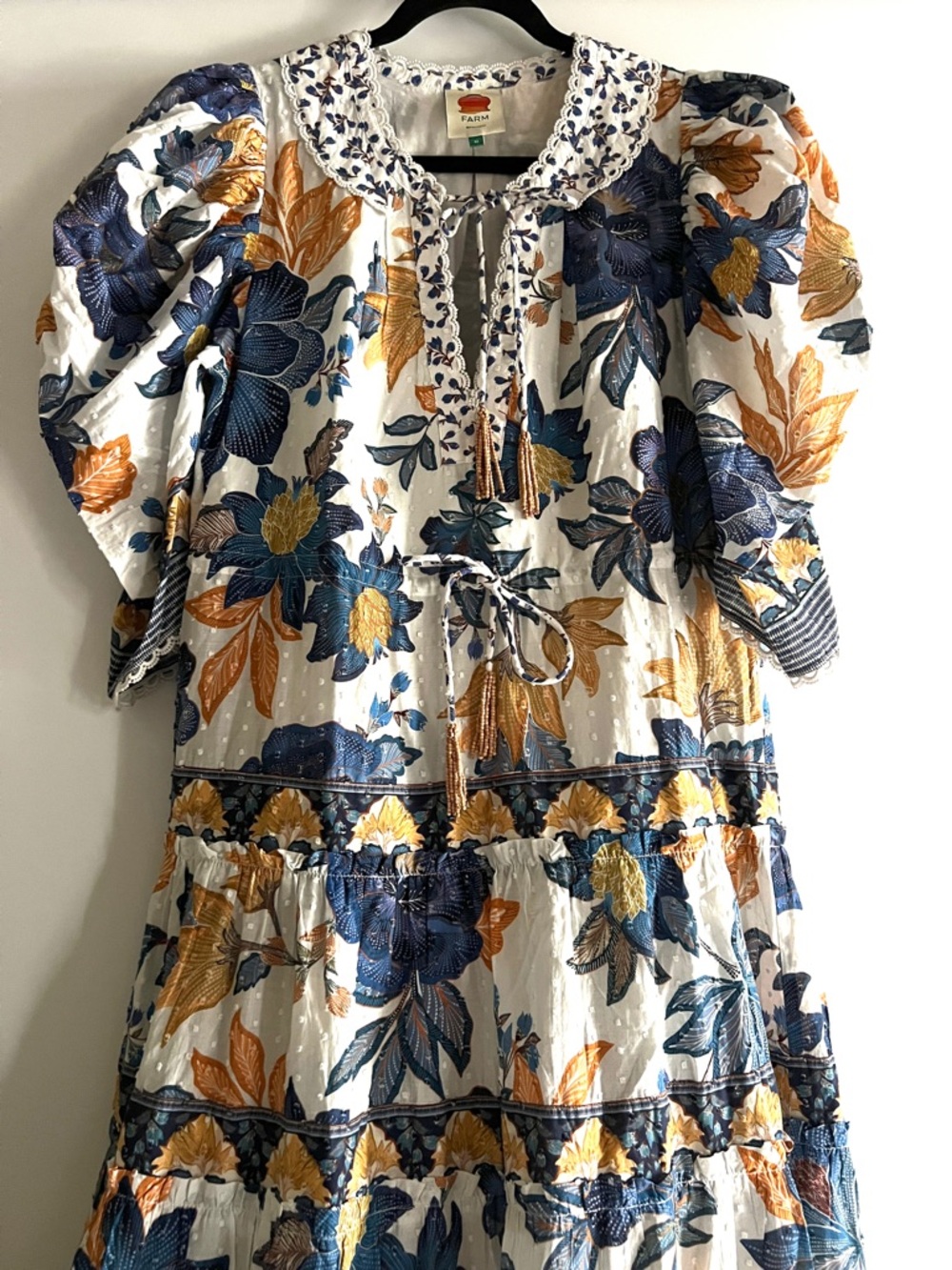 FARM Rio Off-White Floral Swiss Dot Beaded Tassels Maxi Dress Size Medium - Picture 9 of 13